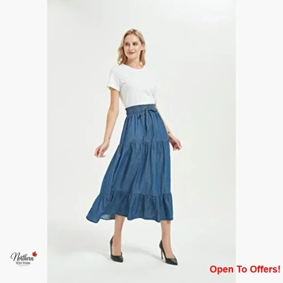 A-Line Midi Denim Skirt with Pleated Layers and Elastic Waist - Picture 3 of 6